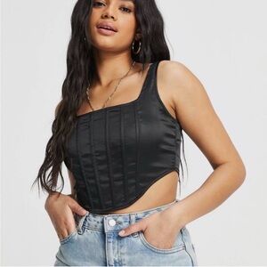 Misguided Black Satin Corset Crop Top with Zip Back (Sz 4)